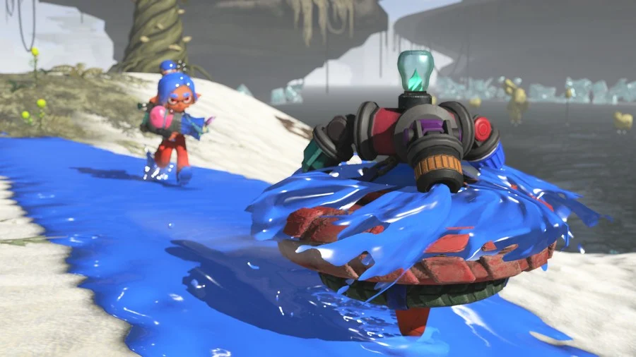 A mechanical gadget attacking Salmonids in Splatoon Raiders