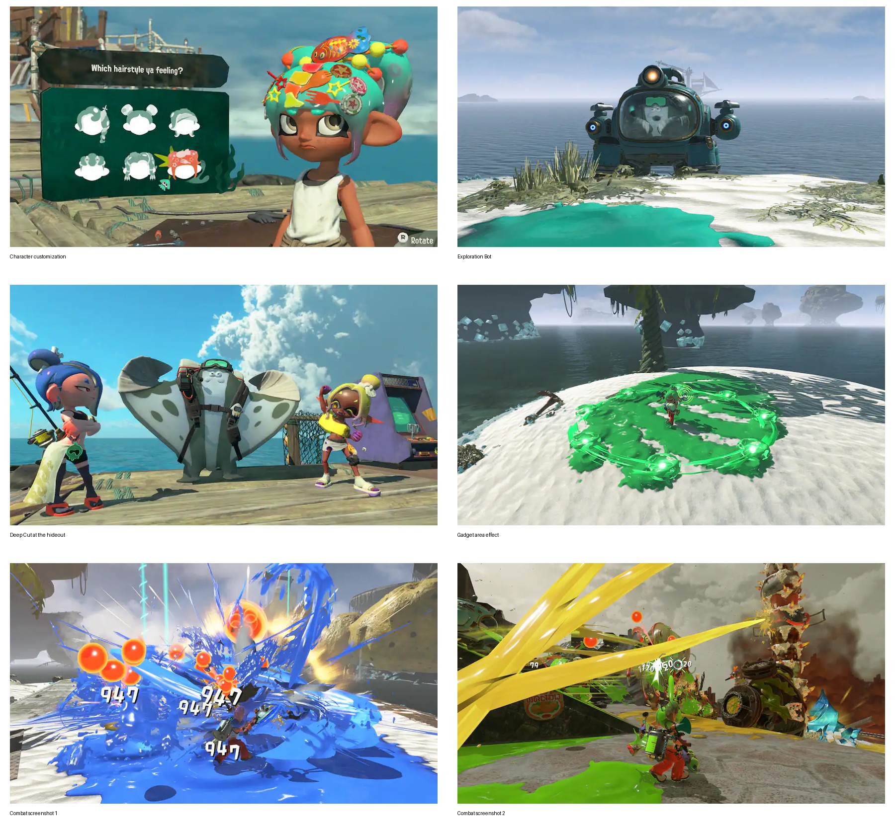 Splatoon Raiders gameplay scenes across exploration and combat encounters