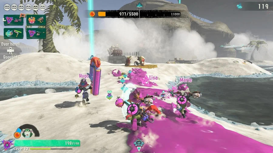 Four players fighting Salmonids together in Splatoon Raiders
