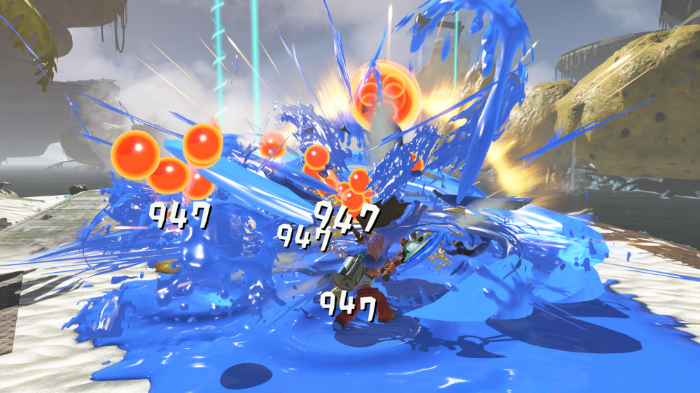Splatoon Raiders combat screenshot with blue ink and Salmonids