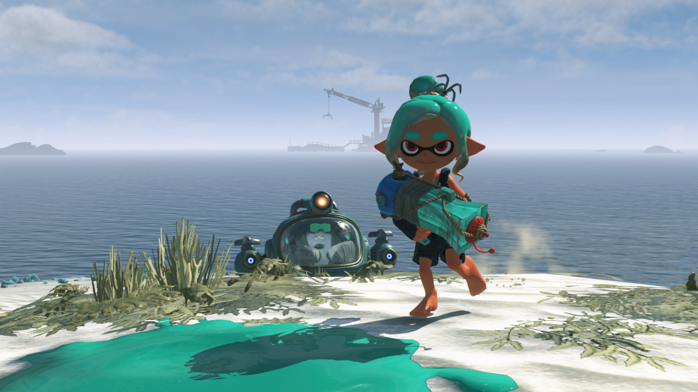 The Mechanic running across a Splatoon Raiders island area
