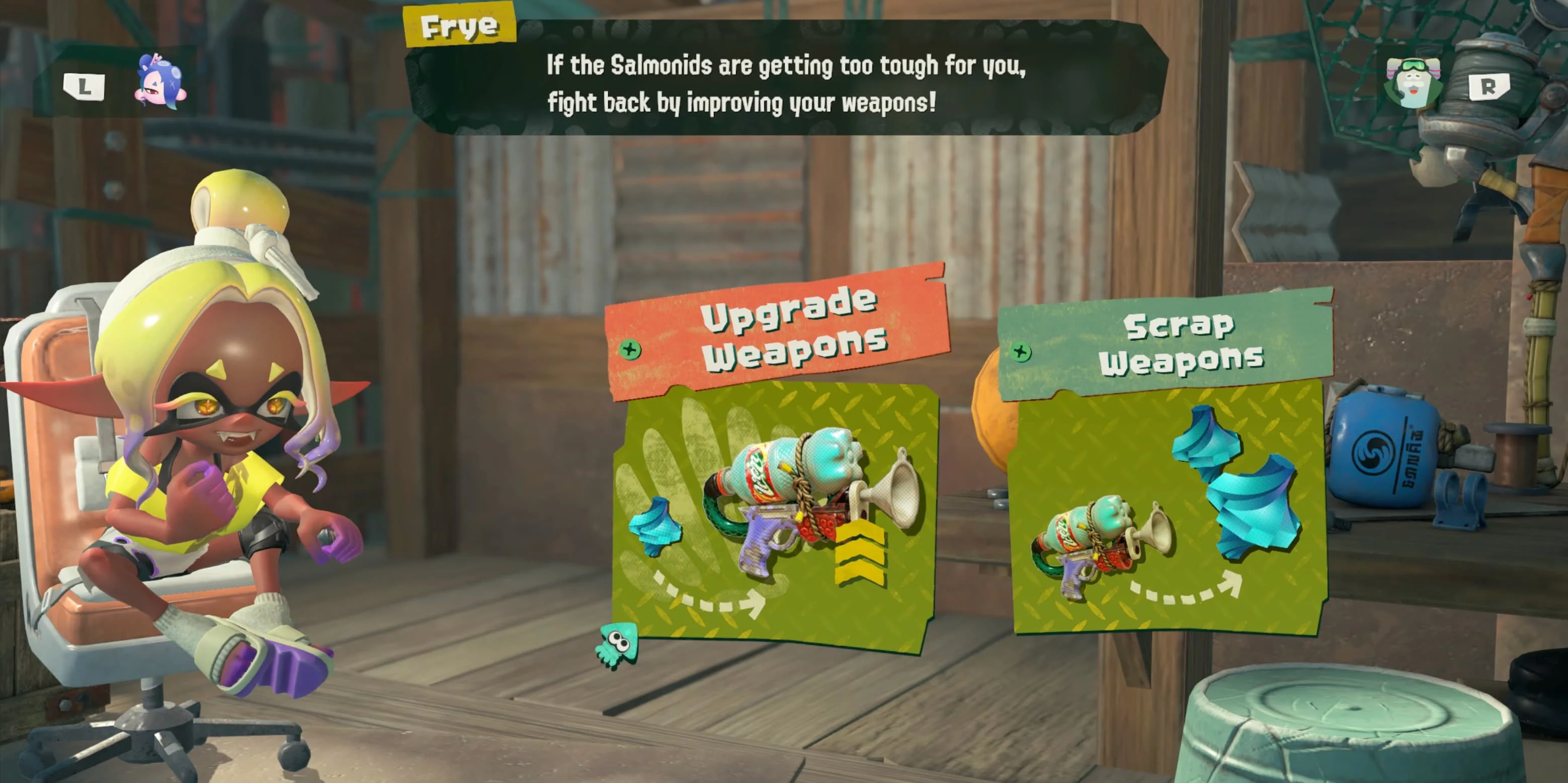 Frye’s Weapon Stash offering weapon upgrades and scrapping